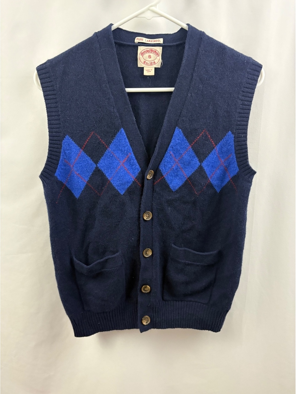 Vintage Brooks Brothers Mens Sweater Vest Sz Sm Pure Lambswool Navy Blue Argyle